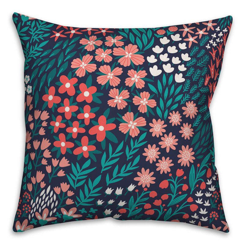 Coussin intérieur/extérieur Floral, Polyester / Bourre en polyester, 16 po x 1 po, Vert, orange et rouge