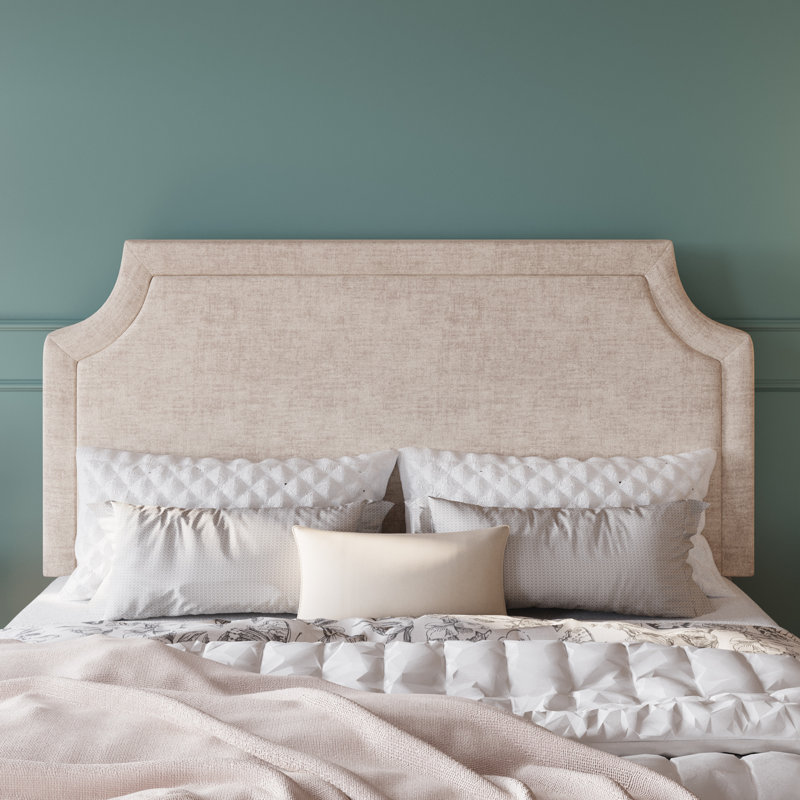 Lit tapissier en chenille moderne avec tête de lit réglable et pieds en bois massif, Beige, Lit double