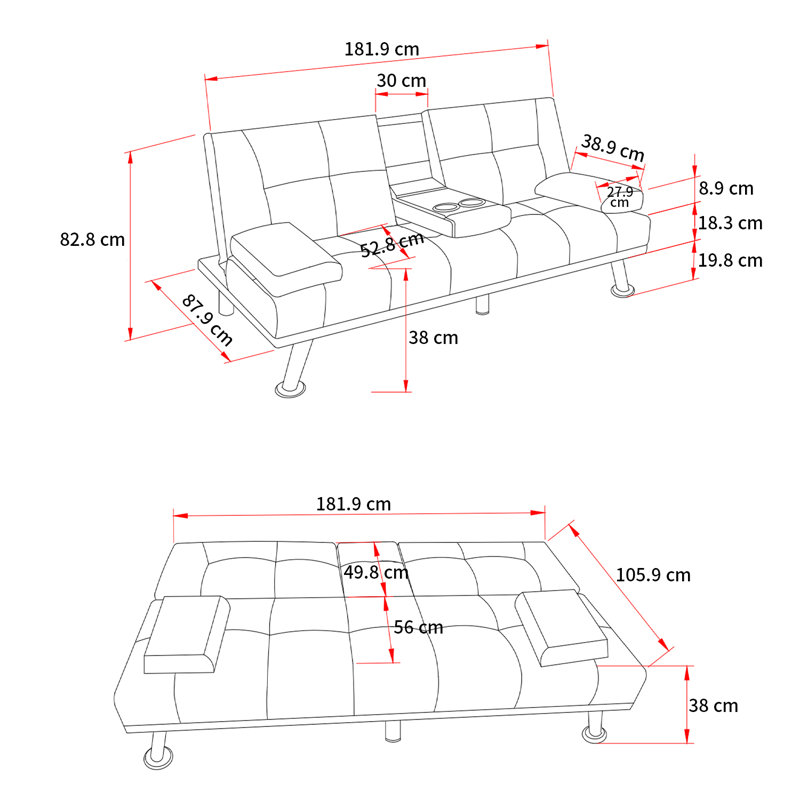 182*83*79cm, Sofa Bed with Cup Holder, Grey Linen Blend