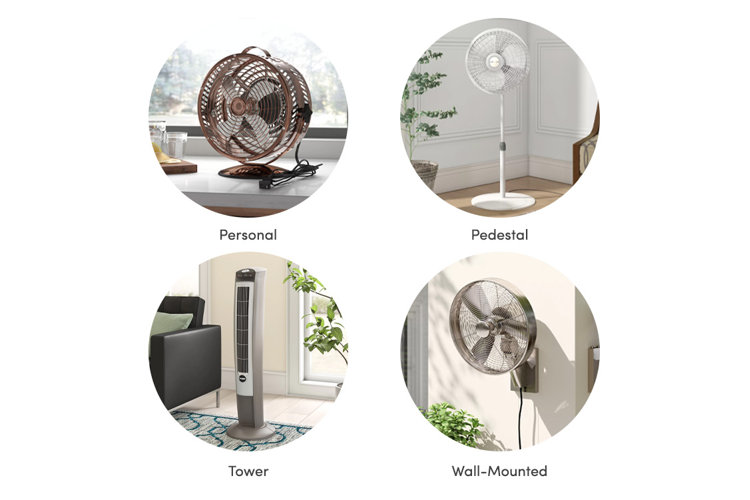 collage of fan types: personal, standing, tower, and wall-mounted