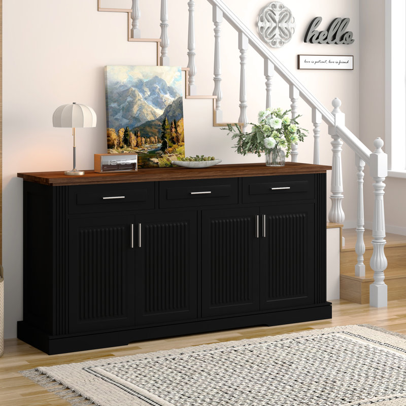 Buffet de cuisine cannelé de 63 po de 63 po, noir avec 4 portes et 3 tiroirs, Noir