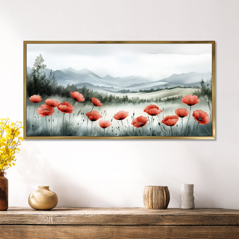 «Red Green Red Poppies in Green Mountain Meadows», art mural floral, impression sur toile colorée, H 24 po x l 32 po