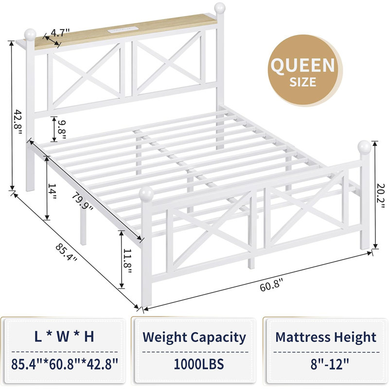 Queen Size Bed Frame with Headboard, Charging Station and LED Lights, Heavy Duty Metal Platform & Noiseless, Easy Assembly
