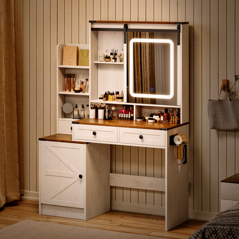 Coiffeuse de maquillage avec miroir coulissant éclairé HD, conception à trois tiroirs et armoire latérale avec tablettes réglables.
