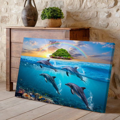 Reproduction d'art sur toile, "Scène sous-marine vibrante" avec un groupe de dauphins sautant joyeusement au-dessus de la surface d'une étincelante turquoise