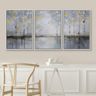 Birch Tree " Winter's Breath Snowy Birch Chilled Forest Landscape Illustration Modern Artwork Ultra " 3 - Pieces