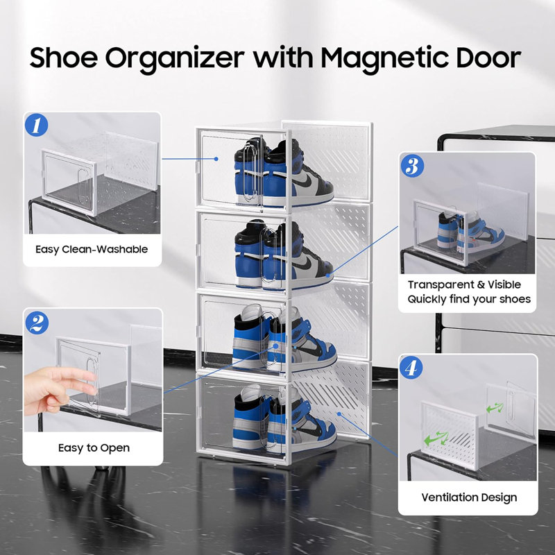 Organisateur de chaussures en plastique empilable avec porte magnétique, boîte de rangement à chaussures de grande capacité pour placard, vestibule et sous le lit