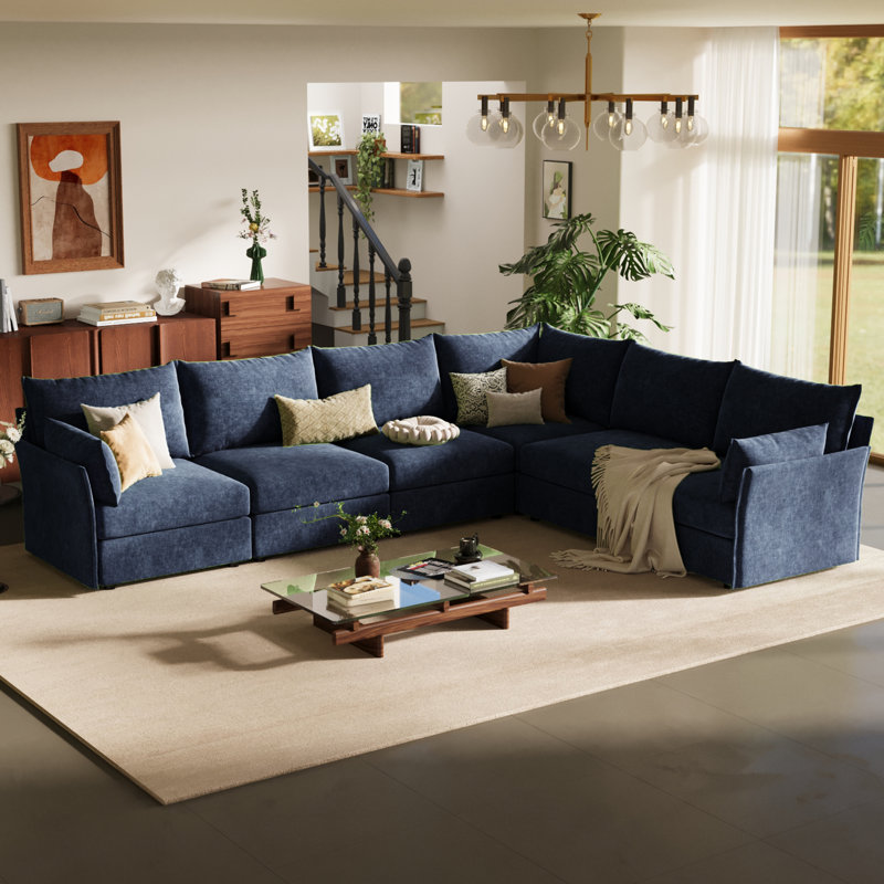 Canapé modulaire en L Merchelle, 5 places, configuration réversible, revêtement en chenille orange rouille, coussins amovibles, assise profonde moderne