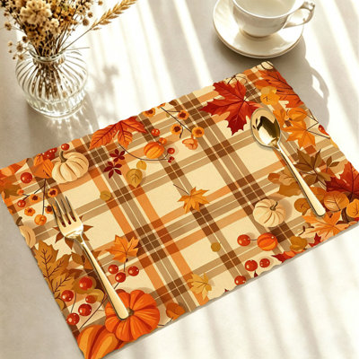 Ensemble de 4 napperons d'automne - Ensembles de table résistants à la chaleur, pour repas à l'intérieur et à l'extérieur, bordure à carreaux orange et marron