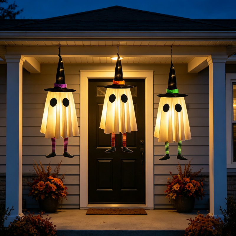 Ensemble de 3 fantômes lumineux suspendus de 23,6 po avec un chapeau de sorcière, décorations d'Halloween fantômes, décorations d'Halloween à suspendre pour la véranda