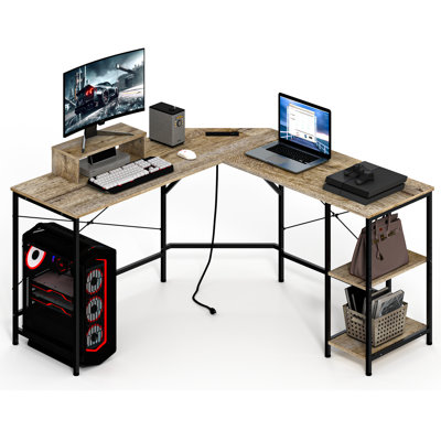 L Shaped Gaming Desk with Power Outlets & USB Charging Ports, Large Home Office Desk Writing Study Table Workstation, Easy to Assemble, Oak Grain