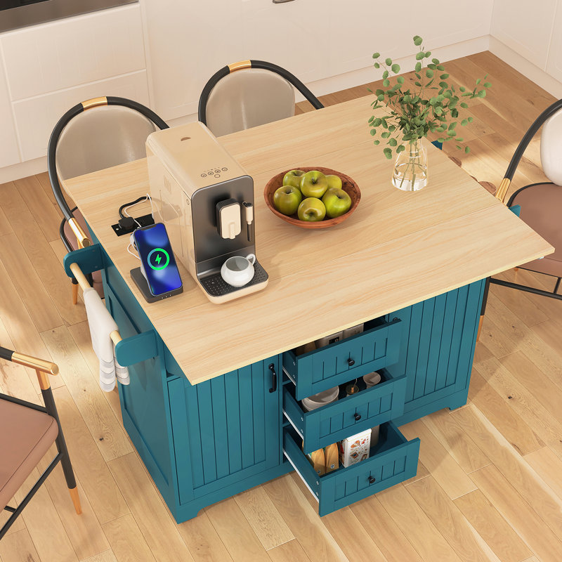 Grand îlot de cuisine 55,7 po avec 2 abattants, chariot de cuisine roulant sur 5 roulettes avec prise de courant, table de salle à manger pliante avec porte-épices et porte-serviettes, 3 tiroirs, pour la cuisine, la salle à manger, vert