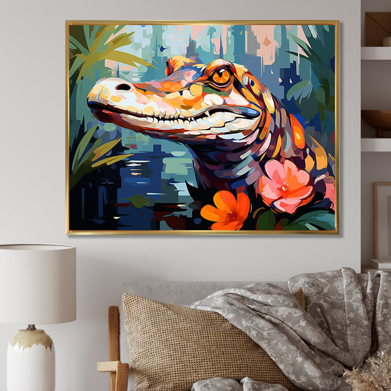 Popart alligator Blooms III - impressions sur toile d'alligator, Cadre flottant doré, H 34 po x l 44 po x P 1,5 po
