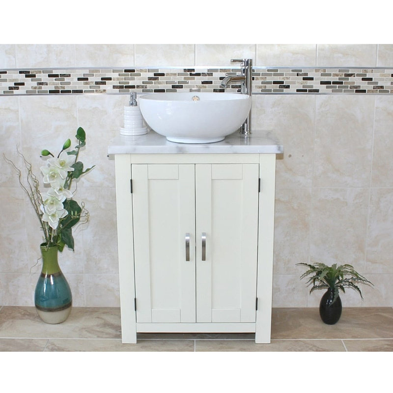 Robbs 650mm Single Bathroom Vanity with Vessel Ceramic Basin, White Marble, White