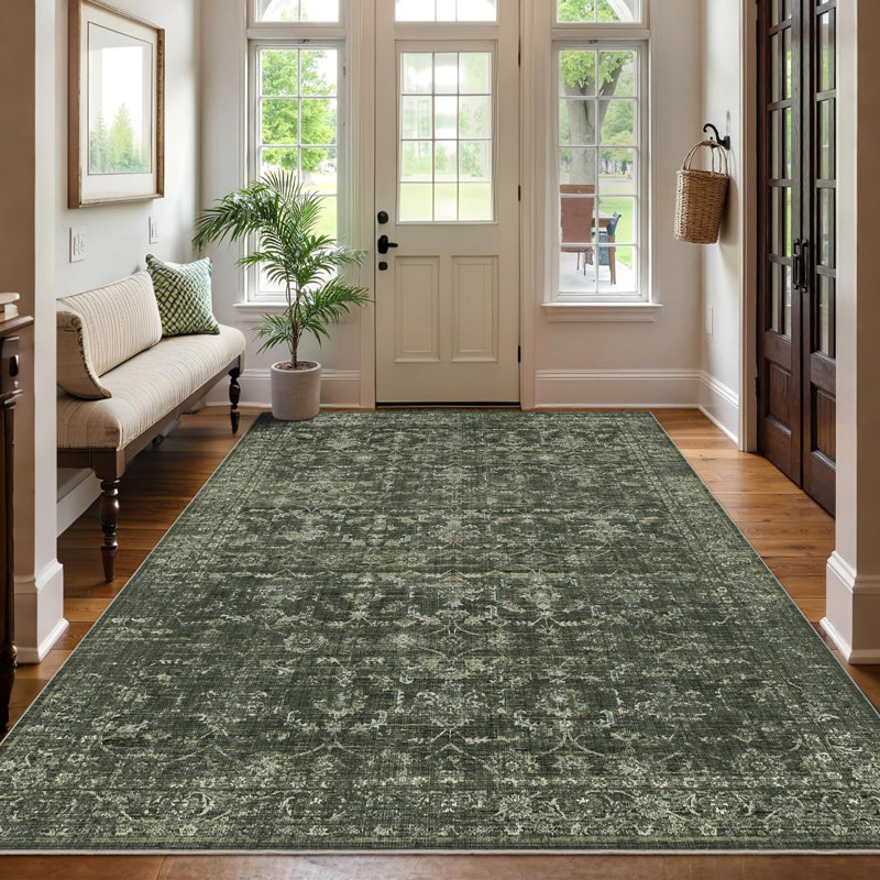 Vintage Boho Area Rug - Washable Non Slip Low Pile Rug, Rectangle 6' x 9', Dark Green