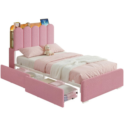 Pink Upholstered Twin Bed Frame with Storage Shelves, LED Lights and Outlet for Girls Bedroom