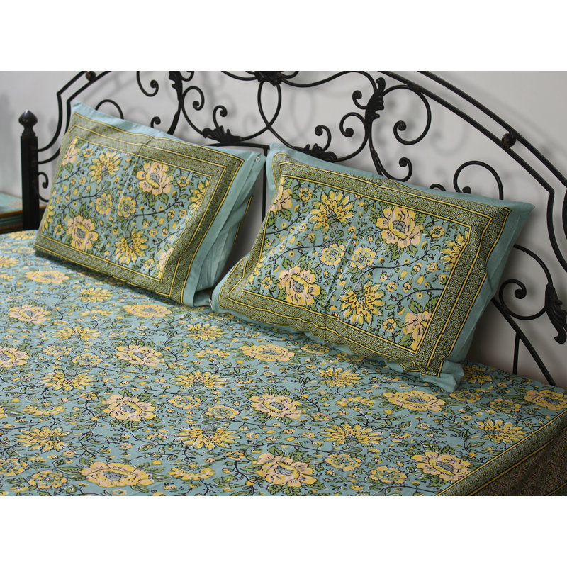 Drap-housse en coton Exotic India, Floral jaune / vert