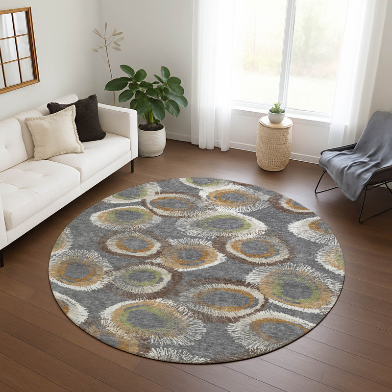 Machine Washable Indoor/Outdoor Huseby ACN2278 Geometric Rug, Round 8'