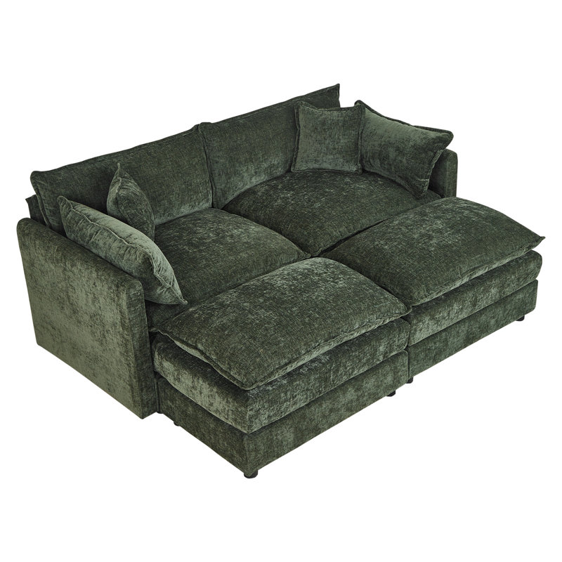 Modern Chenille Loveseat Sofa Couch With Ottoman, 33.85" H x 77.16" W x 35.82" D, Green Chenille