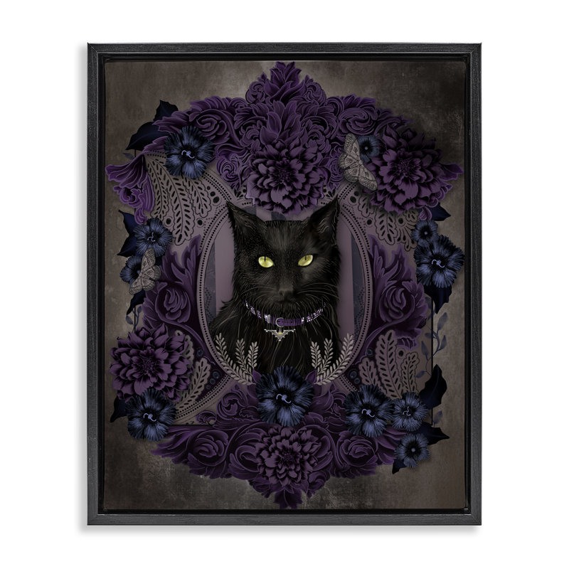 Chat noir avec cadre flottant à fleurs gothiques, design par Lori Mosley, Cadre flottant noir de jais, H 21 po x l 17 po