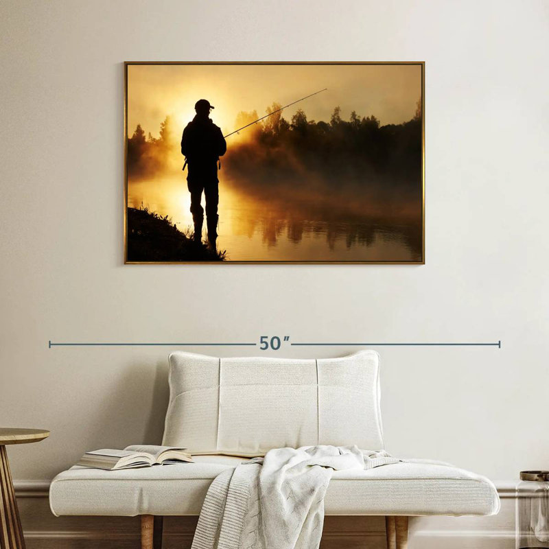 Pêche sur une berge brumeuse, Cadre flottant doré, 40 po x 27 po