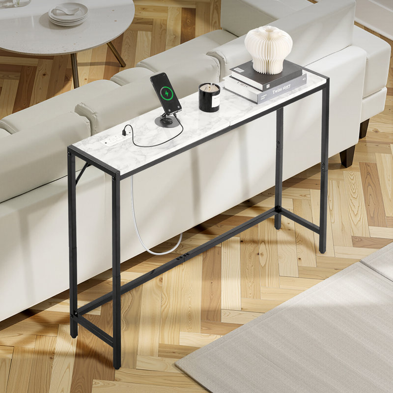 Marble Console Table Modern Narrow Long Console Table with Power Outlet