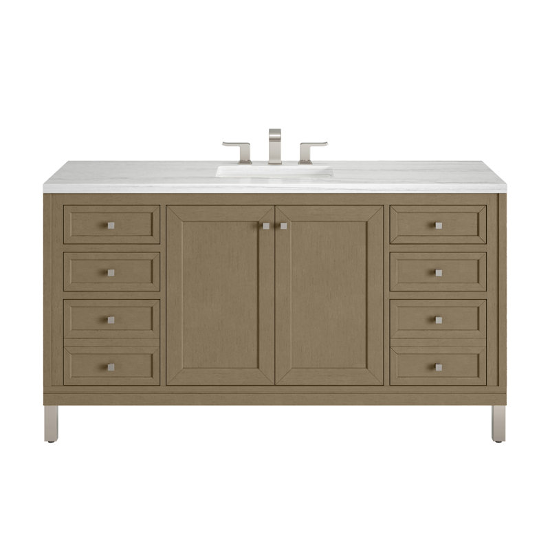 Chicago 60'' W Double Vanity, Walnut Whisper, Carrara White, 8" Widespread