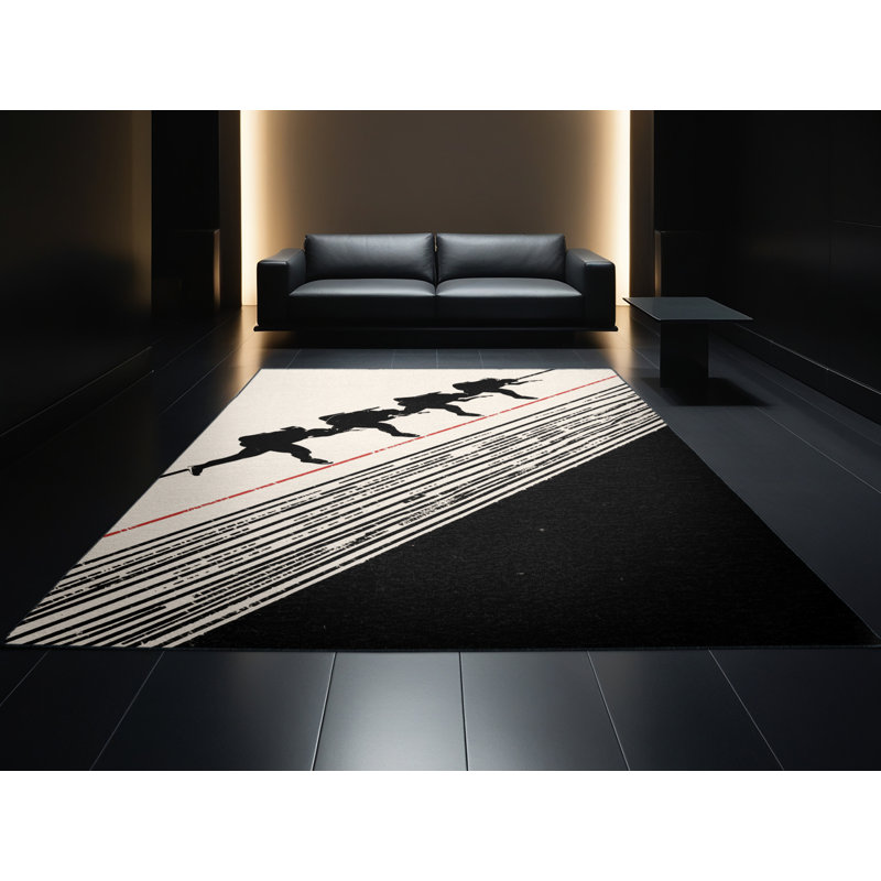 Machine Washable Cain Track Sprint Start Modern Striped Rug in Beige – Black Binding, 2x5