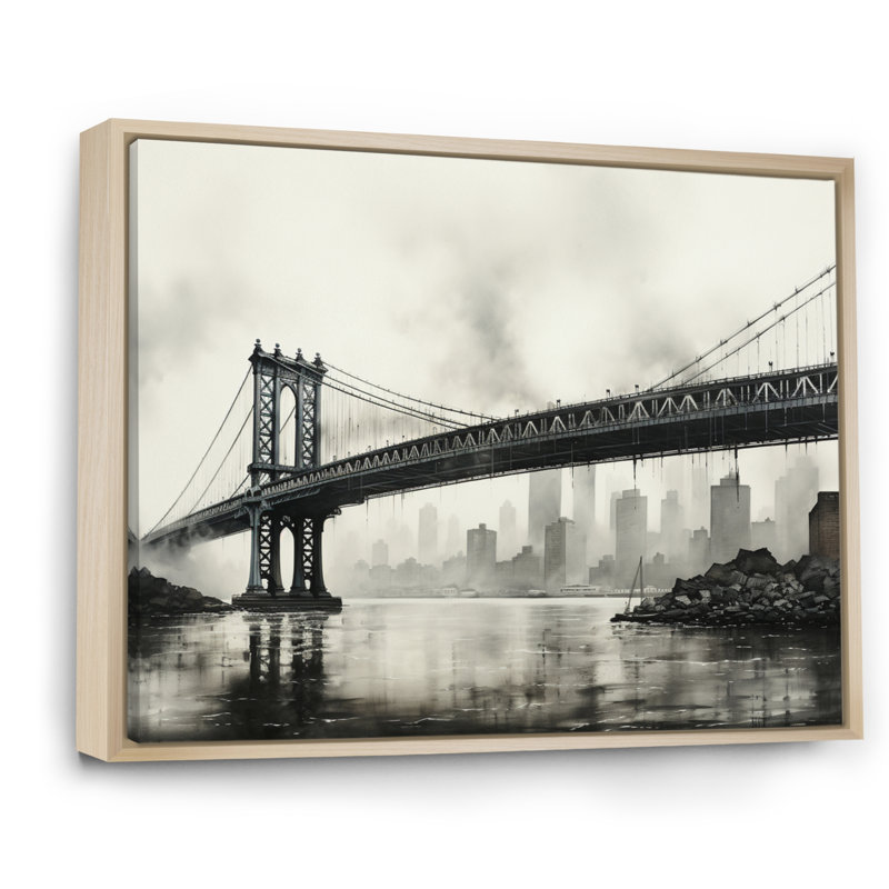 Gris pont suspendu à câble gris anthracite - Art mural sur toile, H 12 po x l 20 po x P 1 po, Cadre naturel flottant