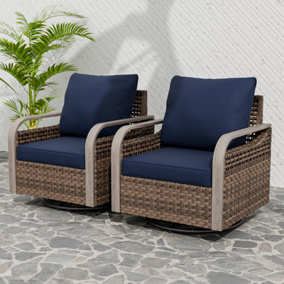 Ensemble de 2 chaises d'extérieur pivotantes avec coussins en osier et grain de bois brun pour l'extérieur