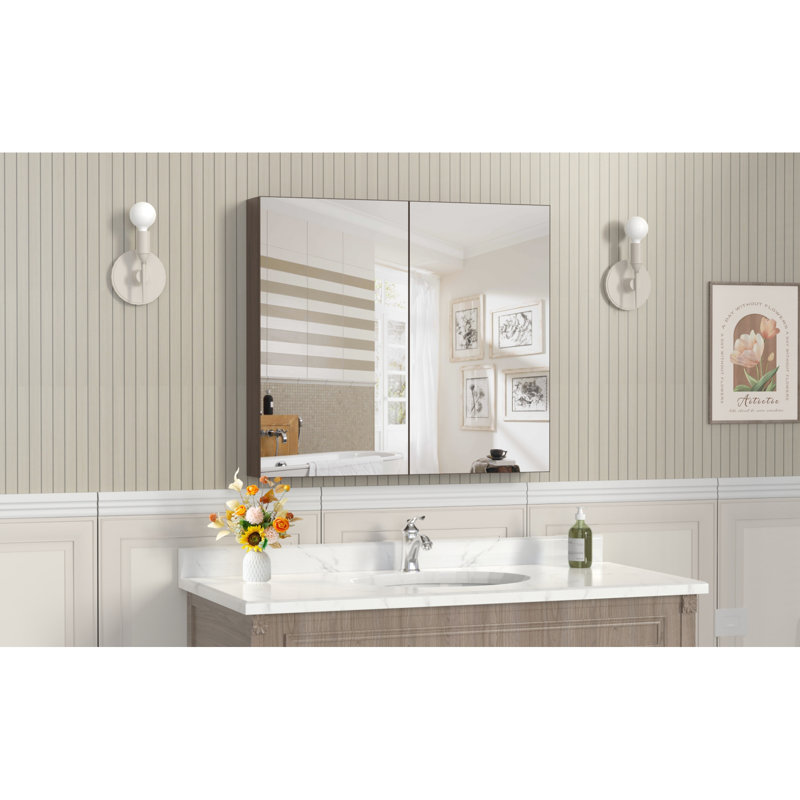 Armoire à pharmacie 32 * 28 avec miroir pour salle de bain, miroir de salle de bain mural avec rangement, tablettes réglables, cadre en aluminium, montage en surface jaune + corail