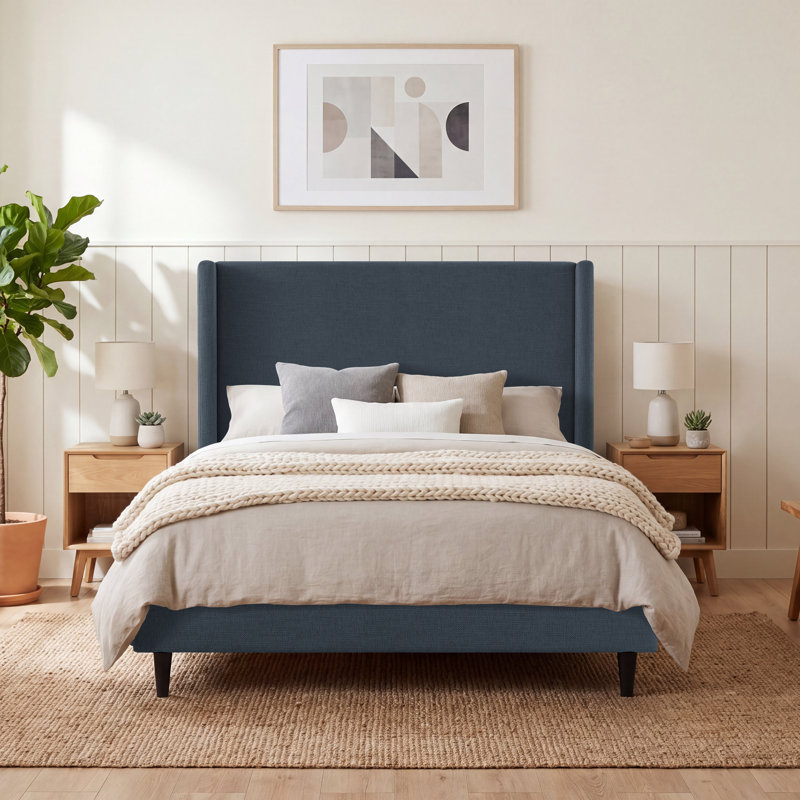 Ana Upholstered Wingback Platform Bed, Dark Blue Canvas, Queen