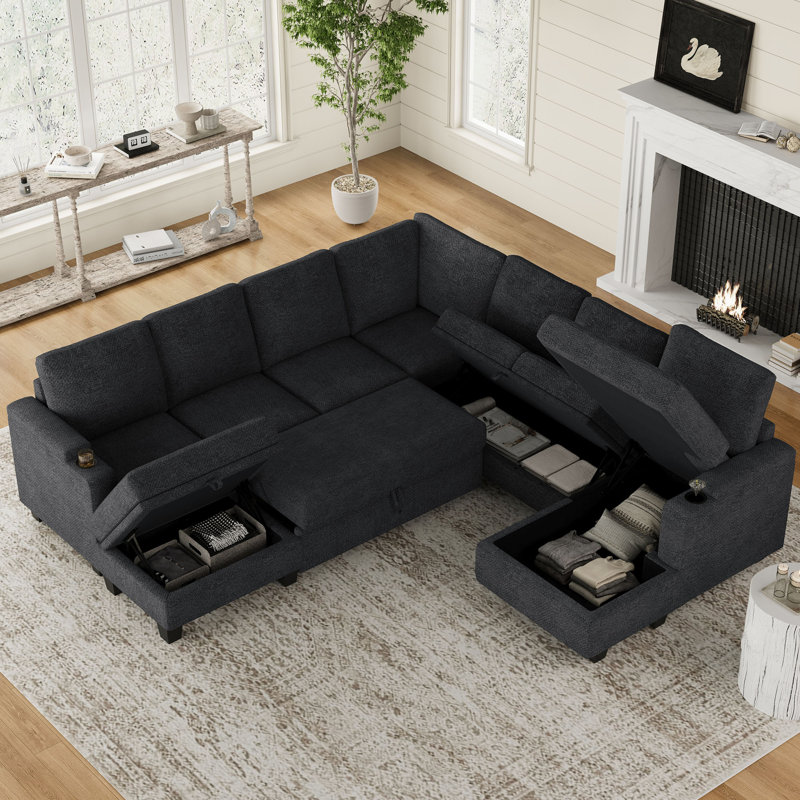 Penelopa Chenille U-Shaped Sofa Bed Storage Modular Sofa Bed With Ottoman & Cup Holder, Dark Gray Chenille