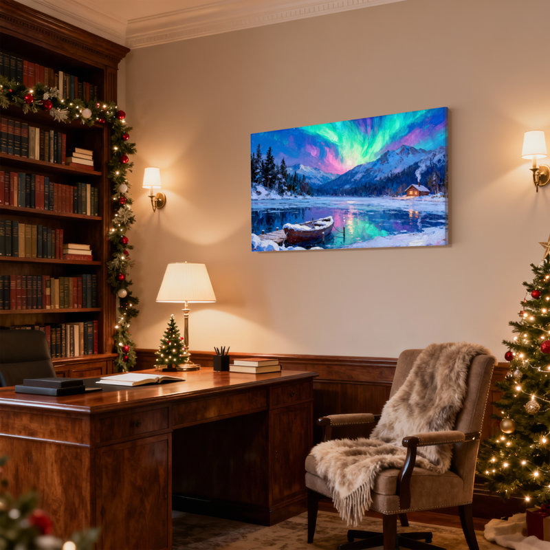 «Christmas Aurora Sky Mountain Lake Cabin Boat Snow Trees Reflection», ensemble de 3 impressions d'art sur toile