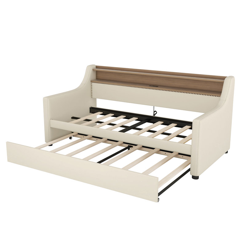 Lit de jour simple avec couchette, lit de jour rembourré avec station de charge et lumières DEL, beige, Beige
