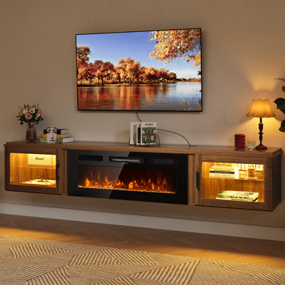 Meuble télé 80 po avec foyer électrique flottant de 36 po, centre de divertissement à DEL avec rangement, console de télévision murale avec porte en verre pour le salon