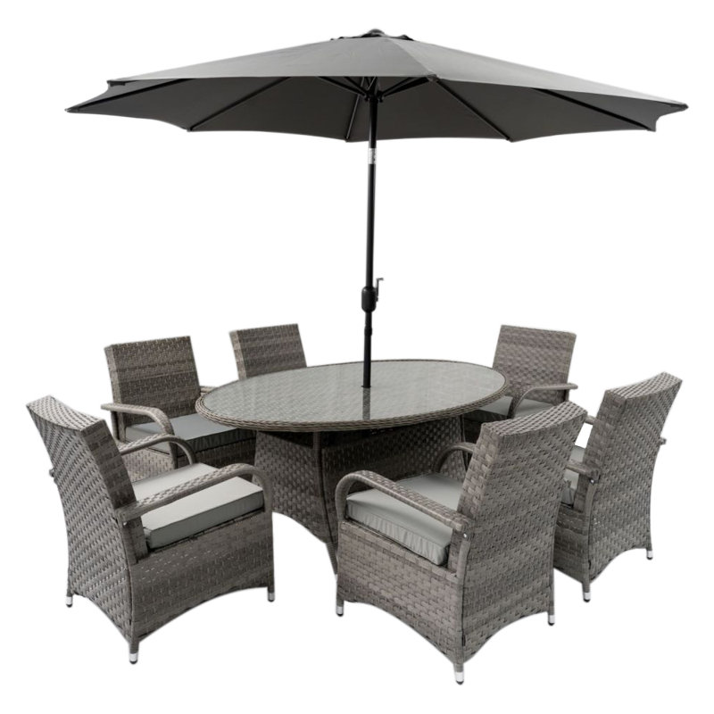 Nistler 6 - Person Patio Dining Set with Round Table , Cushions Included, Grey