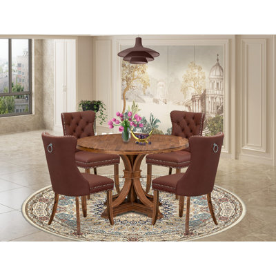 Ensemble de salle à manger 5 pièces comprenant une table de cuisine et 4 chaises rembourrées en tissu de polyester bourgogne avec dossier capitonné, noyer antique