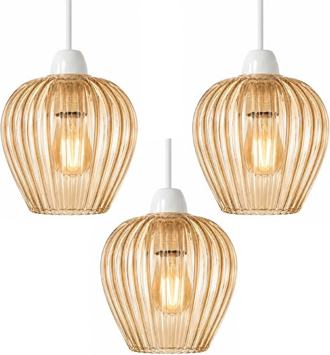 Ribbed Amber Fluted Glass Lamp Shade, Vintage E27 Easy Fit Replacement Pendant Lamp Shade with Reducer Ring