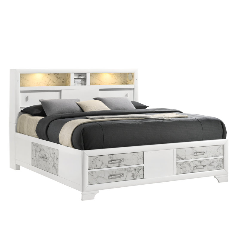 Luxe, lit double, finition en bois blanc, tête de lit en marbre, rangement de tiroir, lit contemporain élégant avec cadre audio avec éclairage, tête de lit, tiroirs de rangement et option technique