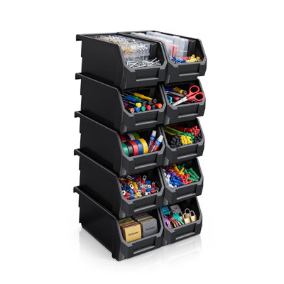 Sorbus 10 Pack Medium Open Front Stackable Garage Storage Bin – Heavy Duty Plastic Organizer Tote for Tools, Hardware & Shelving