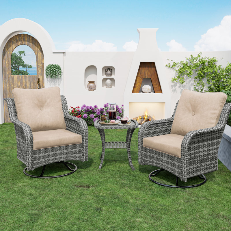 Ensemble de conversation à bascule pivotant en osier pour 2 personnes avec coussins 2 personnes, Gris, Beige