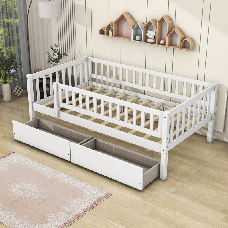 Rowanne Wooden Daybed Wood Bed with Two Drawers and Fence, Twin, White