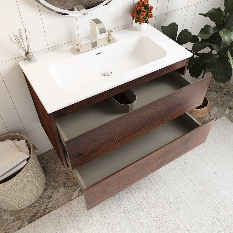 Meuble-lavabo mural 36 po avec lavabo en céramique et trois trous de robinet