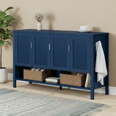 Navy Blue Modern 4-Door Multifunctional Sideboard With Open Shelves, 2 Adjustable Shelves, Double Hooks. Suitable For Living Room, Hallway, Dining Room, And Office Use.
