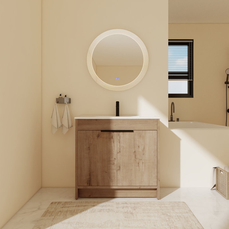 Caicedo 36'' Single Bathroom Vanity with Ceramic Top, Imitative Oak