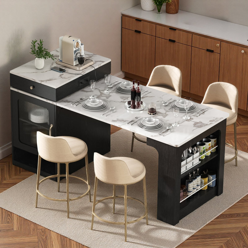Îlot de cuisine avec table de salle à manger extensible, rangement double face, 2 tiroirs, prise de courant et tablettes latérales ouvertes