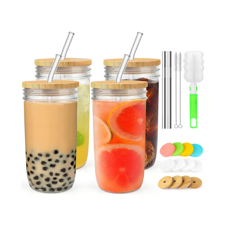 Glass Tumbler With Straw and Lid 16 Oz Fits in Cupholder Mason Jar Tumbler  Iced Coffee Cup Bamboo Lid Boba Cup Smoothie Cup 