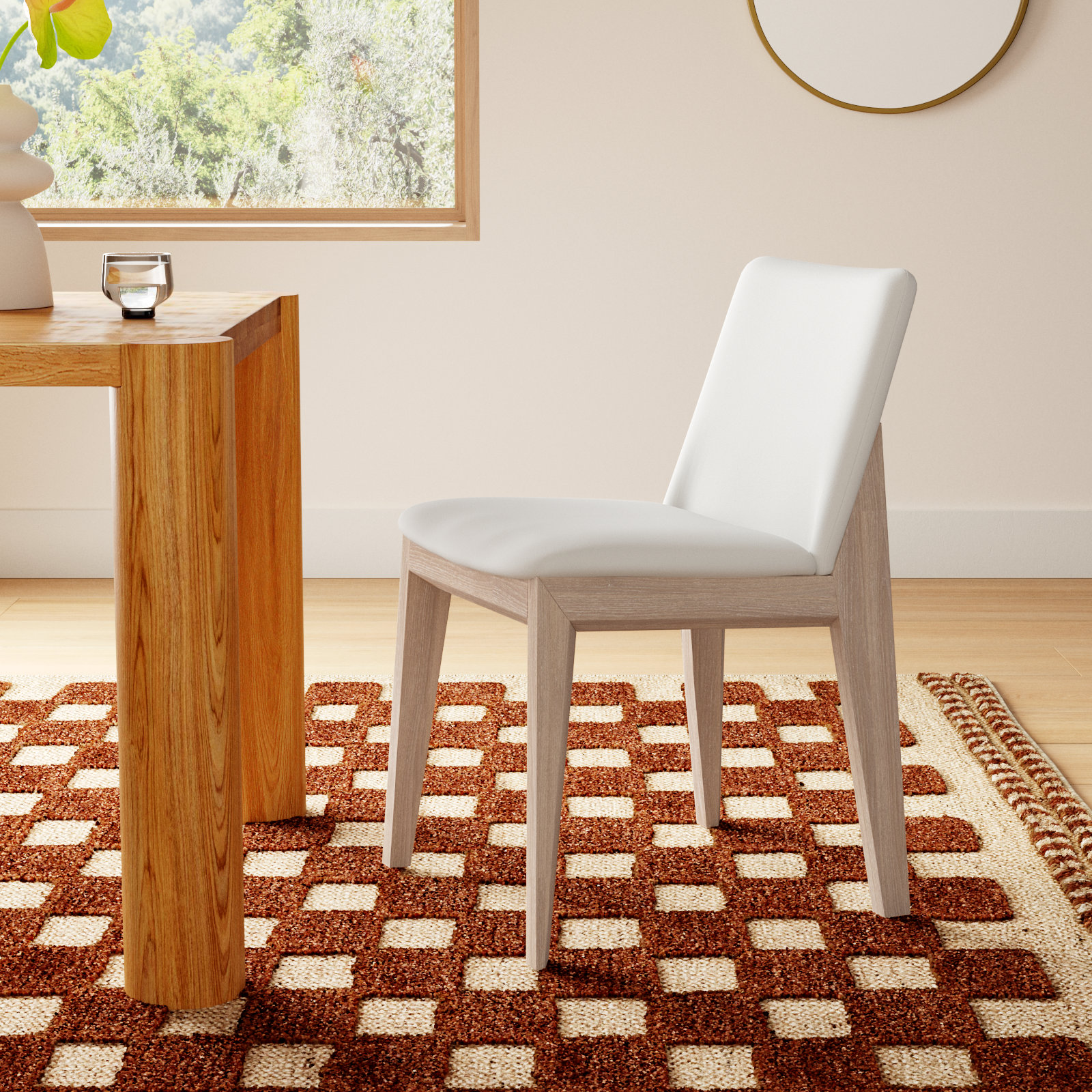 Anrey Oak Side Chair, Cream Faux Leather, Gray