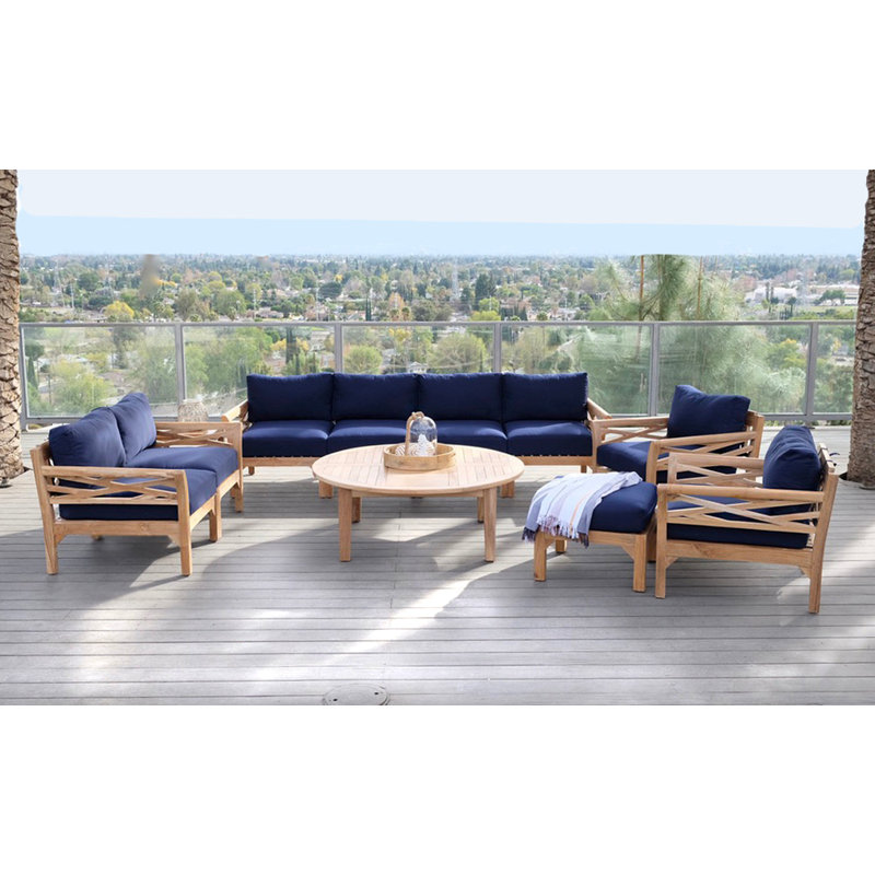 Monterey Teak Outdoor Seating Group with Cushions, Cocoa, 5 Pcs:  Sectional,Chair,Cushion,Table,Ottoman